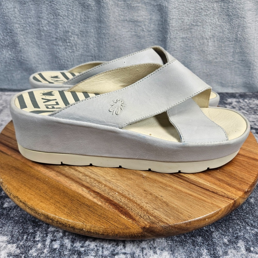 FLY London Slip On Sandals Wedge Gray Leather Platform Strap Womens 40 US 9